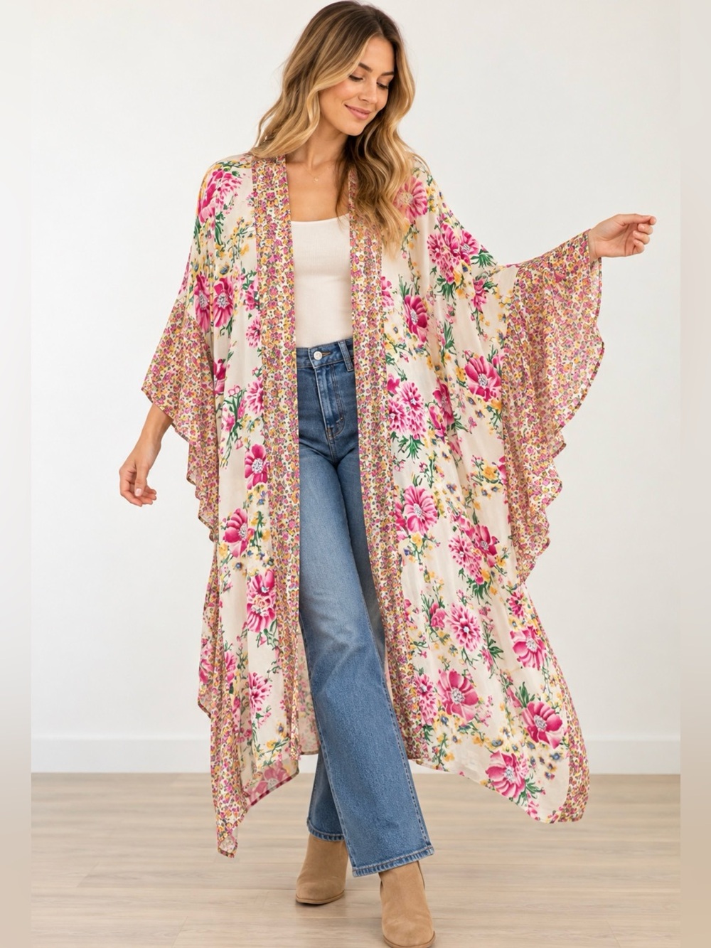 Umgee Sz S/M Women’s Floral Kimono Cover-Up in Cream and Pink Cottagecore